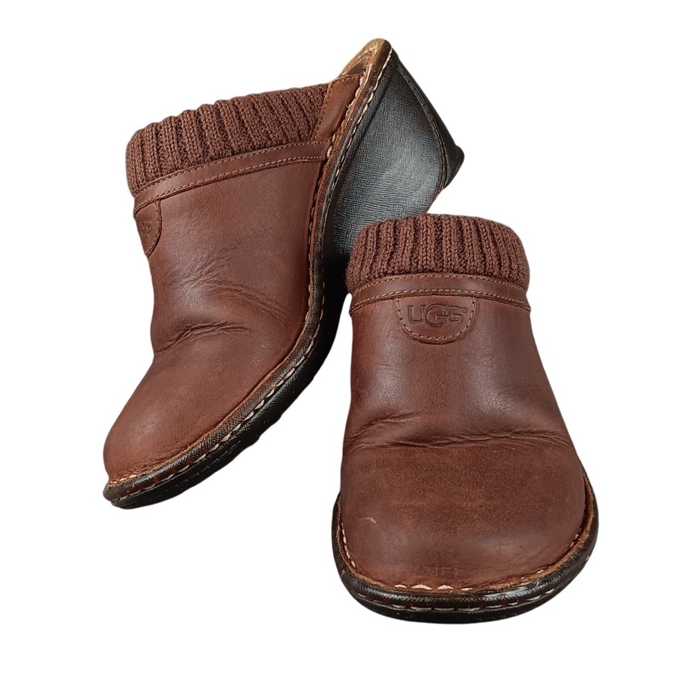 UGG Brown Leather Clog Mules with Knit Collar